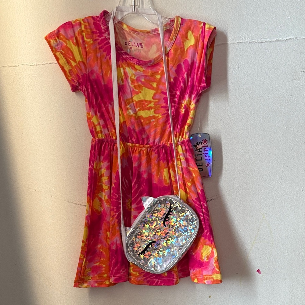 dELiA*s Pink and Yellow Floral Dress with Glitter Cat Bag